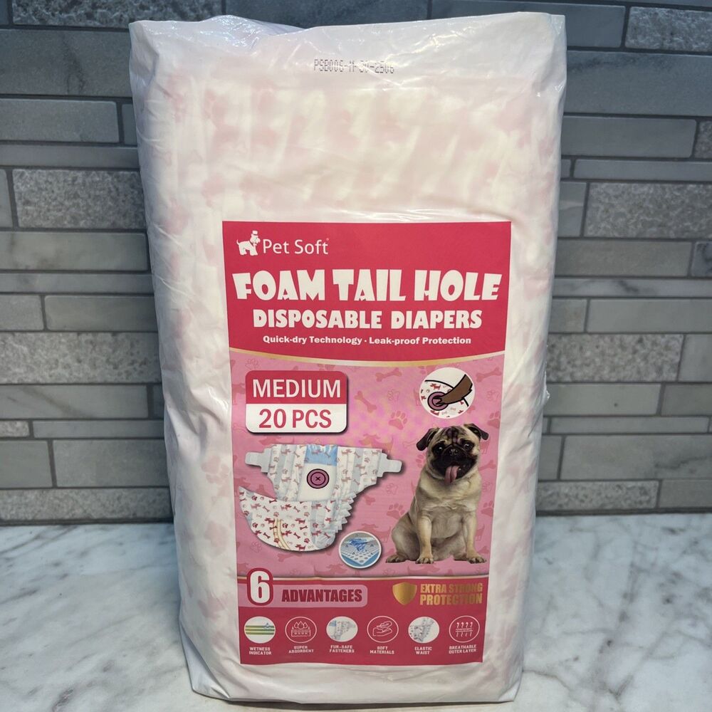 Pet Soft Foam Tail Hole Disposable Dog Diapers, 20 Count, Medium, Female Dogs